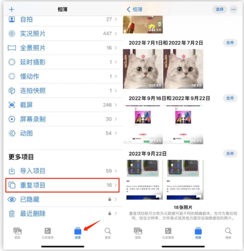垫江苹果手机维修分享iOS 16 中相册重复项目功能使用方法 