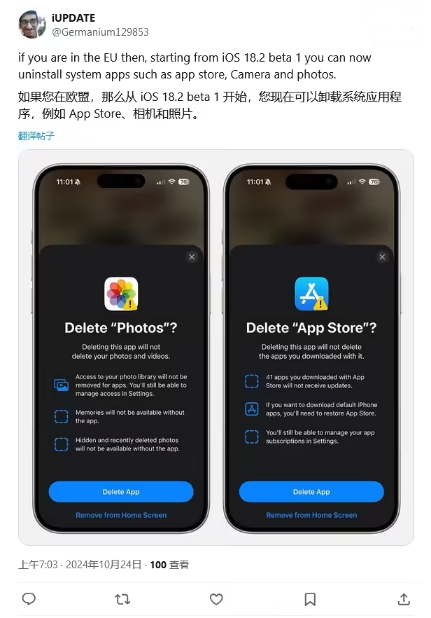 垫江苹果手机维修分享iOS 18.2 支持删除 App Store 应用商店 